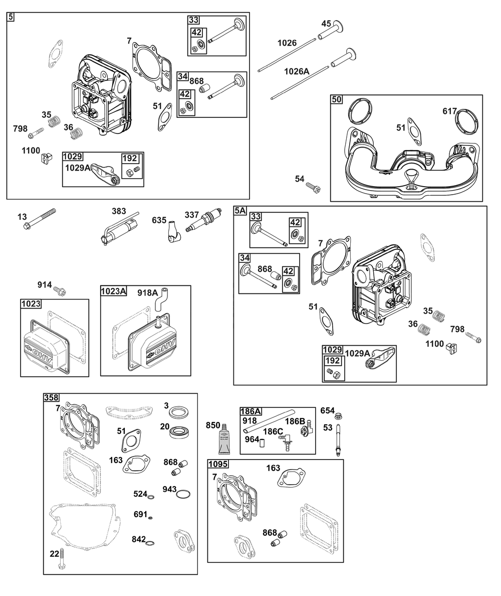 Cylinder Head Group Diagram and Parts List for 44U877-0003-B5 400000 - 699999 Briggs and Stratton Engine